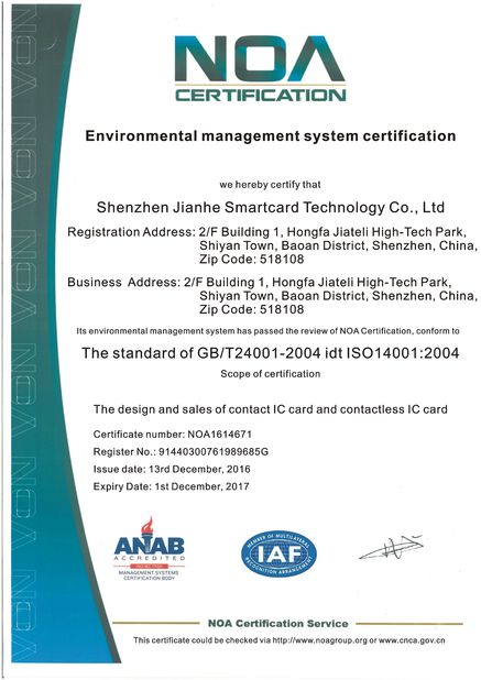 Chine Shenzhen jianhe Smartcard Technology Co.,Ltd Certifications